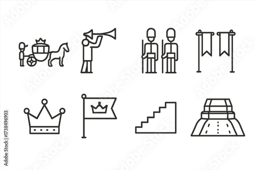 Royal and Medal Icons. Outline icon set of royal processions: horse carriage, trumpets, guards, banners, crown, royal flag, steps, red carpet. Line icons in