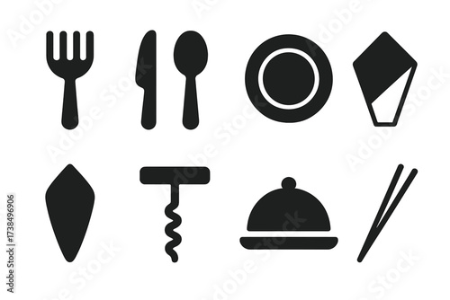 Feast Utensil Icons. Solid, filled icon set of feast utensils: fork, knife, spoon, plate, napkin, wine opener, serving tray, chopsticks. Solid, filled icons in