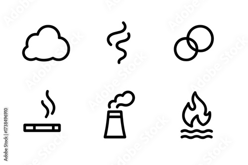 Smoke Icons Set. Outline icon set of smoke signals and effects: smoke cloud, rising smoke, smoke trail, smoke rings, cigarette smoke, chimney smoke, fire