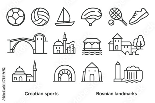 Croatia & Bosnia Icon Grid. Outline icon set of Croatian sports: football ball, water polo ball, sailing boat, cycling helmet, basketball, tennis racket,