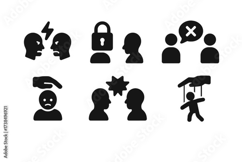 Negotiation Challenge Icons. Solid, filled icon set of negotiation challenges: disagreement, deadlock, misunderstanding, pressure, conflict, manipulation,