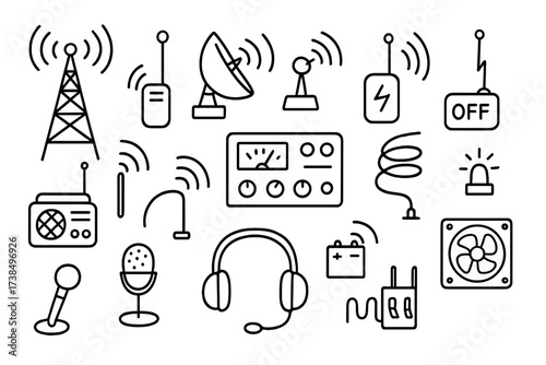 Radio Equipment Doodles. Hand-drawn doodle illustration Radio transmission equipment radio tower, antenna, satellite dish, transmitter, signal waves, control