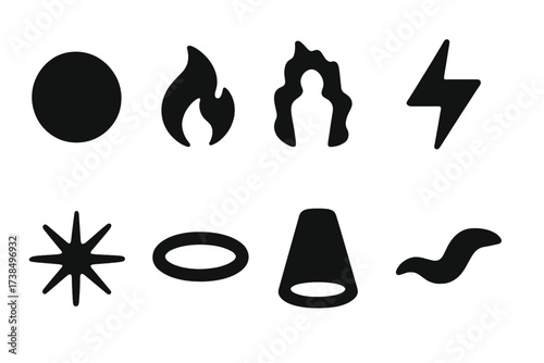 Spirit World Energy Icons. Solid, filled icon set of spirit world light and energy: glowing orb, flame, aura, lightning bolt, starburst, halo, beam of light,