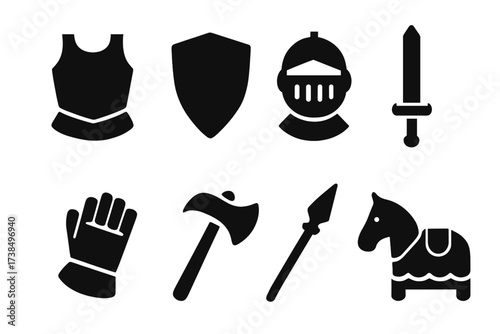 Medieval Combat Gear Icons. Solid, filled icon set of medieval combat gear: armor chestplate, shield, helmet with visor, sword, gauntlet, battle axe, spear,