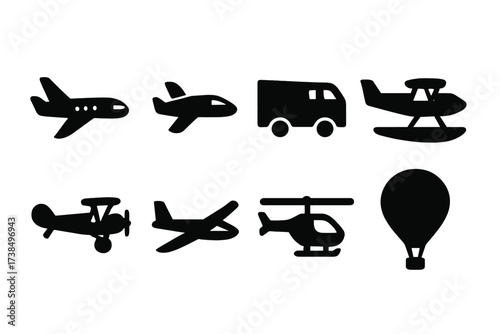 Aviation Icon Grid. Solid, filled icon set of flight types: commercial airplane, private jet, cargo plane, seaplane, biplane, glider, helicopter, hot air