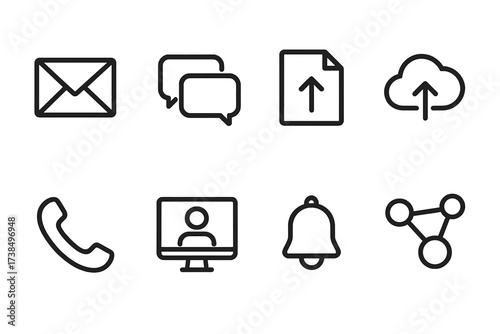 Information Exchange Icons. Outline icon set of information exchange: email, chat bubbles, file sharing, cloud storage, phone call, video conference,