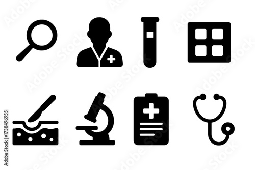 Irritation Diagnostic Icons. Solid, filled icon set of irritation diagnostic tools: magnifying glass, dermatologist, test tube, patch test, biopsy, microscope,