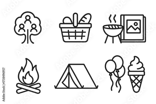 Family Reunion Icons. Outline icon set of family reunion: family tree, picnic basket, barbecue grill, photo album, campfire, tent, balloons, ice cream. Line
