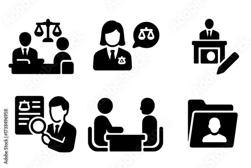 Legal Support Icons. Solid, filled icon set of legal support: lawyer consultation, legal advice, document review, contract drafting, courtroom representation,