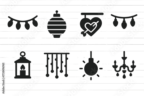 Decorative Lighting Icons. Solid, filled icon set of decorative lighting: fairy lights, paper lantern, neon sign, string lights, candle lantern, light curtain,