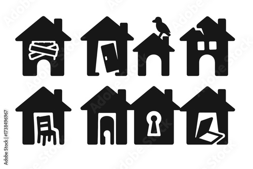 Haunted Cabin Icons. Solid, filled icon set of haunted cabins: boarded window, swinging door, cracked roof, crow perch, empty chair, glowing keyhole, hanging