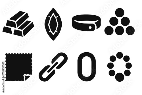 Bracelet Material Icons. Solid, filled icon set of bracelet materials: gold, silver, leather, beads, fabric, stainless steel, rubber, pearls. Solid, filled