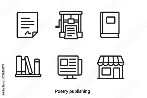 Poetry Publishing Icons. Outline icon set of poetry publishing: manuscript, printing press, book cover, author signature, library shelf, newspaper clipping,