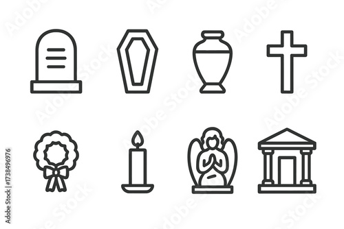 Grave Symbol Icons. Outline icon set of tomb elements: gravestone, coffin, urn, cross, wreath, candle, angel statue, mausoleum. Line icons in only black color,