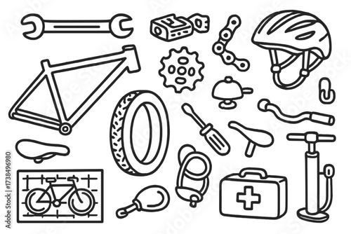 Bicycle Components Doodle. Hand-drawn doodle illustration custom bike bicycle frame, tire, wrench, pedal, gear, chain, screwdriver, seat, helmet, bell,