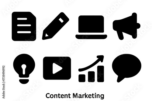 Content Marketing Icons. Solid, filled icon set of content marketing: document, pencil, laptop, megaphone, light bulb, video play, analytics, chat bubble.