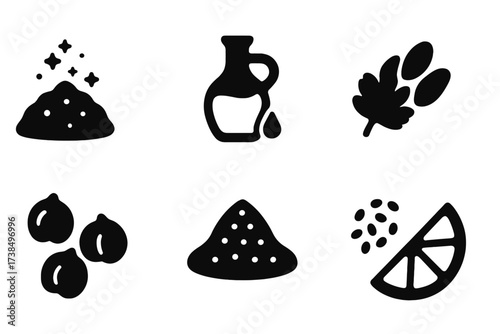 Hummus Toppings Icons. Solid, filled icon set of hummus toppings: paprika powder, olive oil drizzle, parsley leaves, pine nuts, roasted chickpeas, sumac spice,