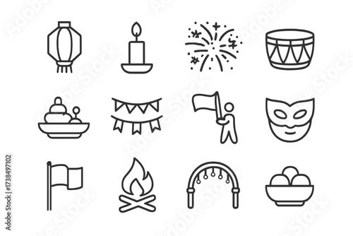 Festival Icon Set. Festivals. Line icon set of festivals: lantern, candle, fireworks, drum, offering plate, garland, procession, mask, flag, bonfire, decorated