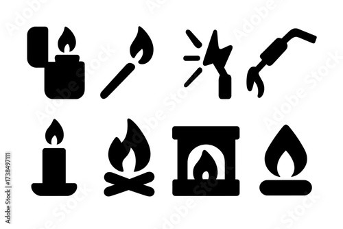 Fire Source Icons. Solid, filled icon set of fire sources and ignition: lighter, matchstick, spark, welding torch, candle, bonfire, fireplace, stove flame.