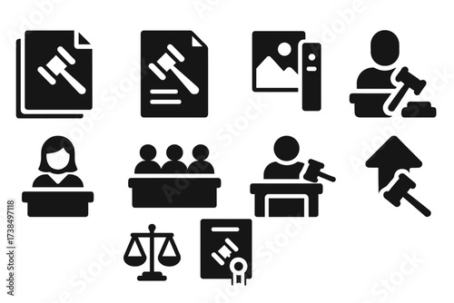 Lawsuit Process Icons. Solid, filled icon set of lawsuit processes: filing complaint, summons, evidence, witness, jury, hearing, verdict, appeal. [Solid,