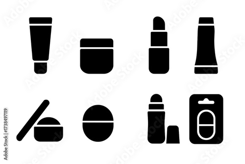 Lip Balm Icons. Solid, filled icon set of lip balm packaging: tube container, small jar, twist-up stick, squeeze tube, tin case, lip balm ball, roll-on