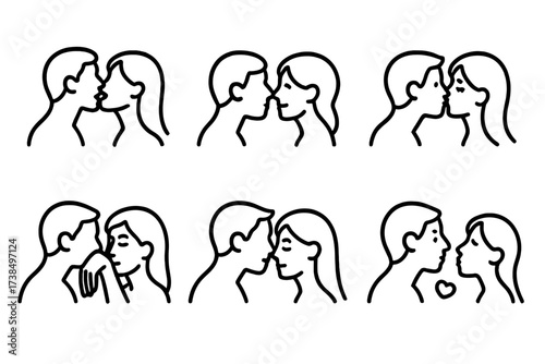 Cultural Kiss Icon Set. Outline icon set of cultural kiss types: French kiss, Eskimo kiss, butterfly kiss, hand kiss, cheek kiss, forehead kiss, nose kiss, air