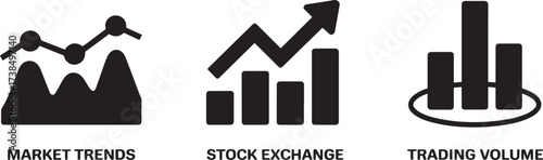 Market trends, stock exchange, trading volume icons for financial analysis