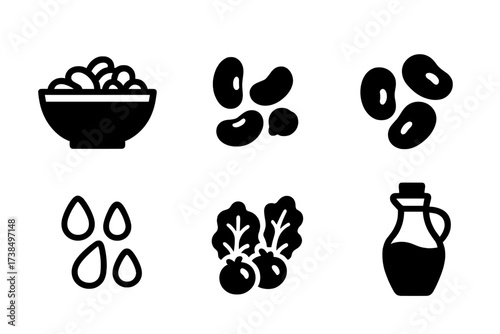 Bean Salad Icons. Solid, filled icon set of bean salad: bowl, kidney beans, chickpeas, black beans, corn kernels, cherry tomatoes, lettuce leaves, olive oil