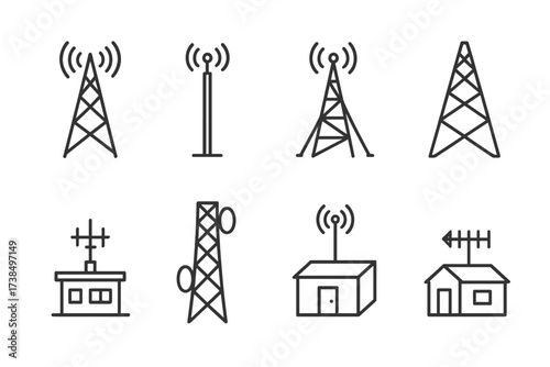 Communication Tower Icons. Outline icon set of communication tower structures: lattice tower, monopole tower, guyed mast, self-supporting tower, rooftop
