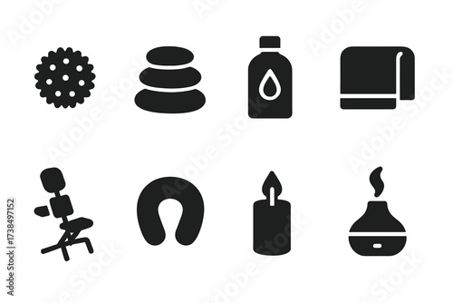 Massage Tools Icons. Solid, filled icon set of relaxation massage tools: massage ball, hot stones, oil bottle, towel, massage chair, face cradle, candle,