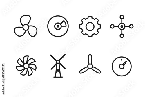 Spin Technology Icons. Outline icon set of spin technology: fan blades, spinning disk, gear, rotor, turbine, windmill, propeller, rotary switch. Line icons in