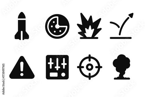 Missile Launch Icons. Solid, filled icon set of missile launch: missile, radar screen, explosion, trajectory, warning sign, control panel, target, smoke trail.