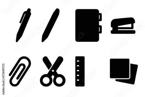 Office Supplies Icons. Solid, filled icon set of office supplies: pen, pencil, notebook, stapler, paperclip, scissors, ruler, sticky notes. [Line icons in only