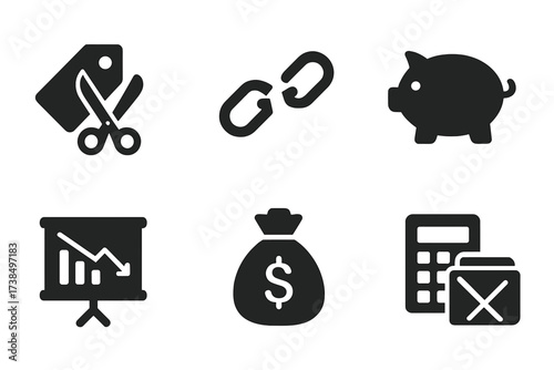 Cost Reduction Icons. Solid, filled icon set of reducing costs: price tag with scissors, broken chain, piggy bank, calculator, downward chart, money bag,