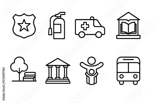 Public Services Icons. Outline icon set of public services: police badge, fire extinguisher, ambulance, public library, park, courthouse, social welfare,