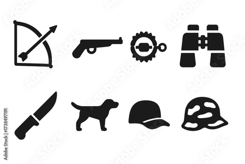 Hunting Tools Icons. Solid, filled icon set of hunt tools: bow, arrow, rifle, trap, binoculars, knife, hunting dog, camouflage hat. Solid, filled icons in only