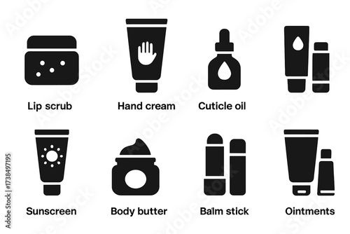 Pocket Balm Icons. Solid, filled icon set of pocket balm related products: lip scrub, hand cream, cuticle oil, face cream, sunscreen, body butter, balm sticks,