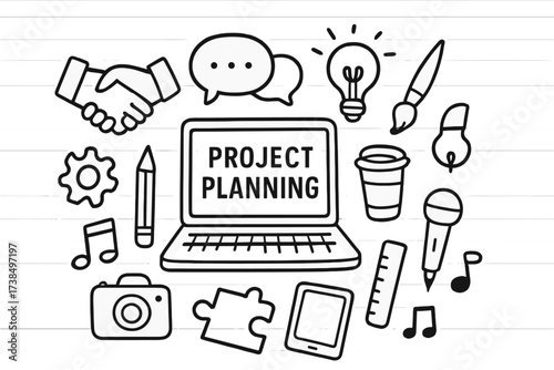Collaborative Project Blueprint. Hand-drawn doodle illustration Collaborative project planning blueprint, laptop, speech bubbles, handshake, light bulb,