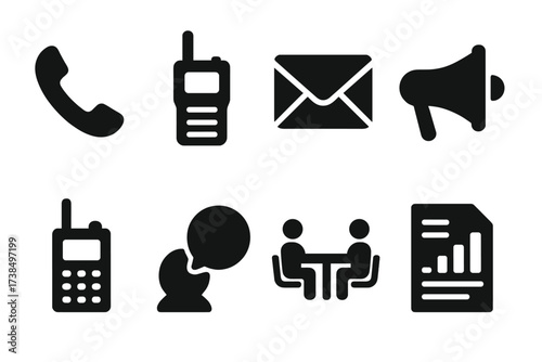 Communication Icon Set. Solid, filled icon set of collapse communication: phone, radio, email, megaphone, walkie-talkie, notification, meeting, report. [Solid,