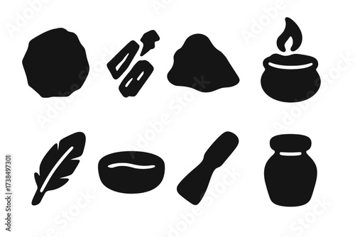Cave Painting Icons. Solid, filled icon set of cave painting materials: ochre, charcoal, clay, animal fat, feathers, stone grinder, bone scraper, pigment jar.