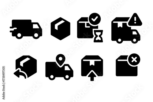 Shipment Status Icons. Solid, filled icon set of shipment statuses: in transit, delivered, pending, delayed, returned, out for delivery, shipped, failed