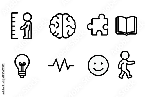 Child Development Icons. Outline icon set of child development: growth chart, brain, puzzle piece, book, light bulb, heartbeat, smiley face, first steps. Line