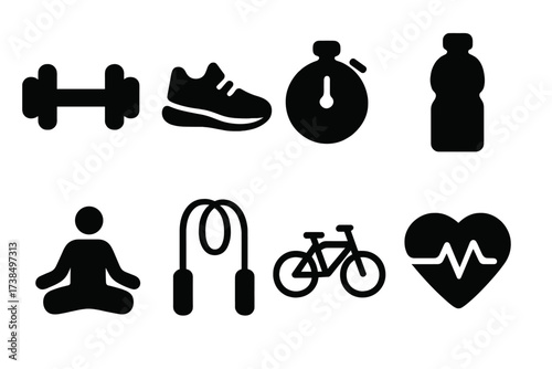 Fitness Icons Collection. Solid, filled icon set of fitness: dumbbell, running shoe, stopwatch, water bottle, yoga pose, jump rope, bicycle, heart rate. Solid,