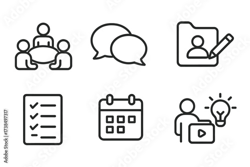 Team Collaboration Icons. Outline icon set of team collaboration: group meeting, chat bubbles, shared folder, feedback form, task list, calendar, video call,