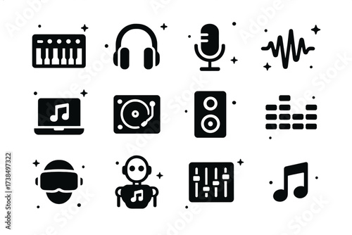 Music Tech Icons. Music technology. Solid icons set of synthesizer, headphones, microphone, sound wave, laptop, DJ turntable, speaker, equalizer bars, VR