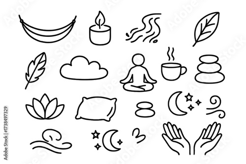 Relaxation Symbols Doodle. Hand-drawn doodle illustration Relaxation and calmness hammock, candle, flowing water, leaf, feather, cloud, tea cup, meditation