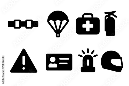 Glider Safety Icons. Solid, filled icon set of glider safety symbols: seatbelt, emergency parachute, first aid kit, fire extinguisher, warning sign, pilot