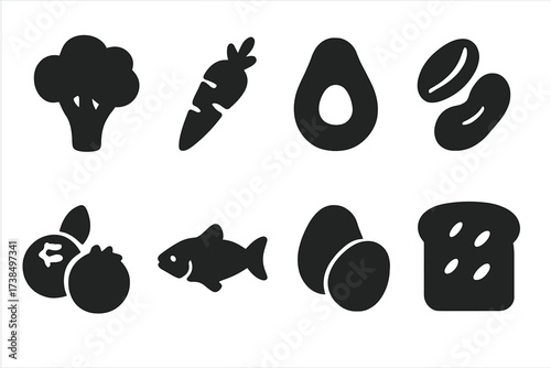 Healthy Food Icons. Solid, filled icon set of healthy food: broccoli, carrot, avocado, nuts, berries, fish, eggs, whole grain bread. Solid, filled icons in