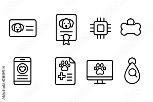 Pet Registration Icons. Outline icon set of pet name registration: pet ID card, registration certificate, microchip implant, license tag, pet app profile, vet
