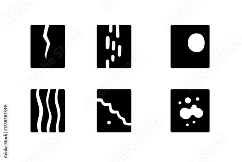 Wood Damage Icons. Solid, filled icon set of wooden wall damage types: crack, termite damage, rot spot, water stain, nail hole, warp, chipped paint, mold